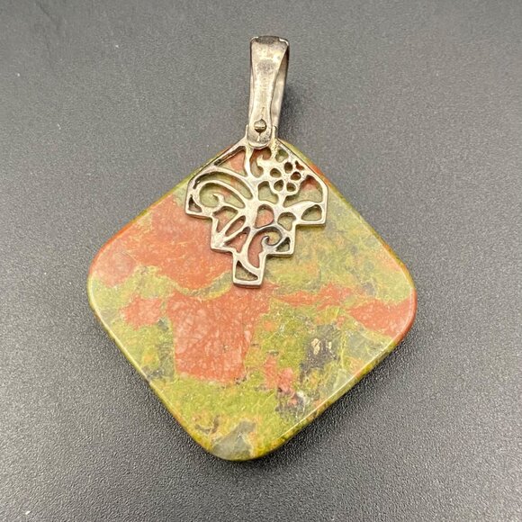 Natural Unakite Jasper Stone 925 Ster Silver Pendant Floral Enhancer Filigree - Picture 2 of 9